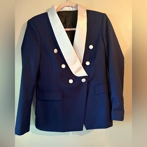 RARE VTG Women’s XS Navy Double-Breasted Tuxedo Jacket with Satin Collar